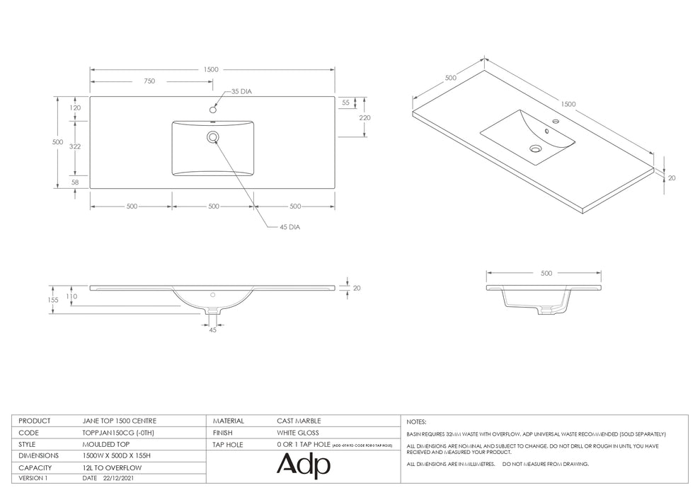 ADP Jane 1500 Wall Hung / Floor Mount - Centre