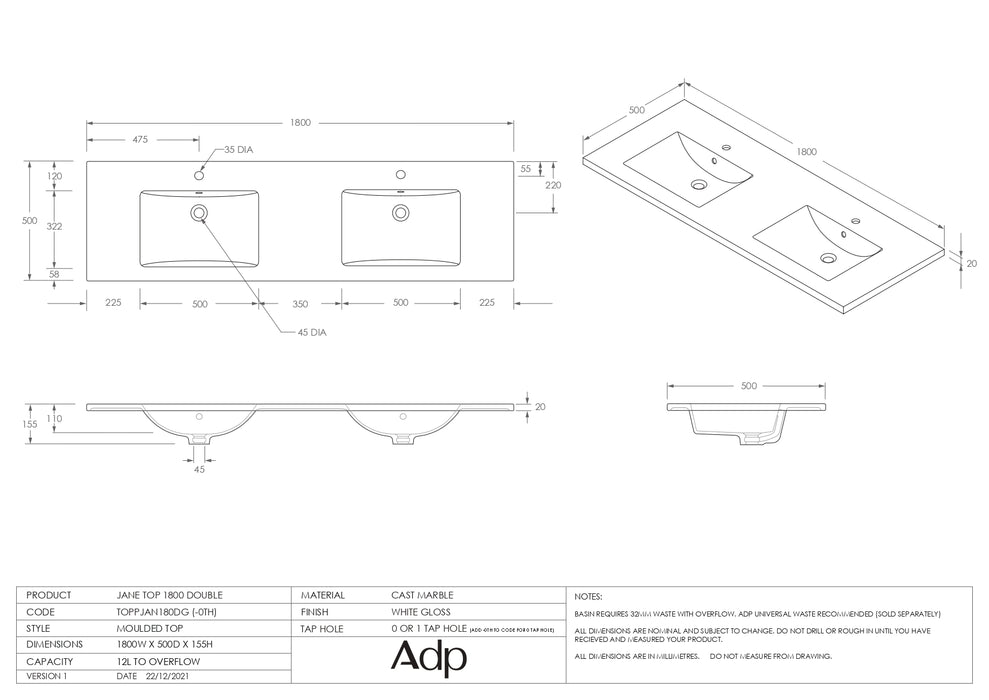 ADP Jane 1800 Wall Hung / Floor Mount - Double