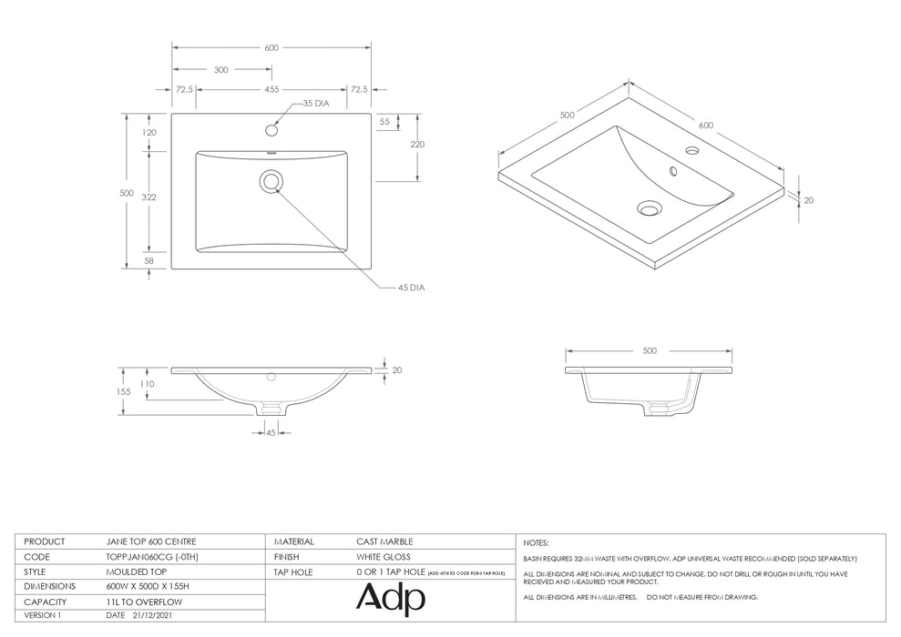 ADP Jane 600 Wall Hung / Floor Mount