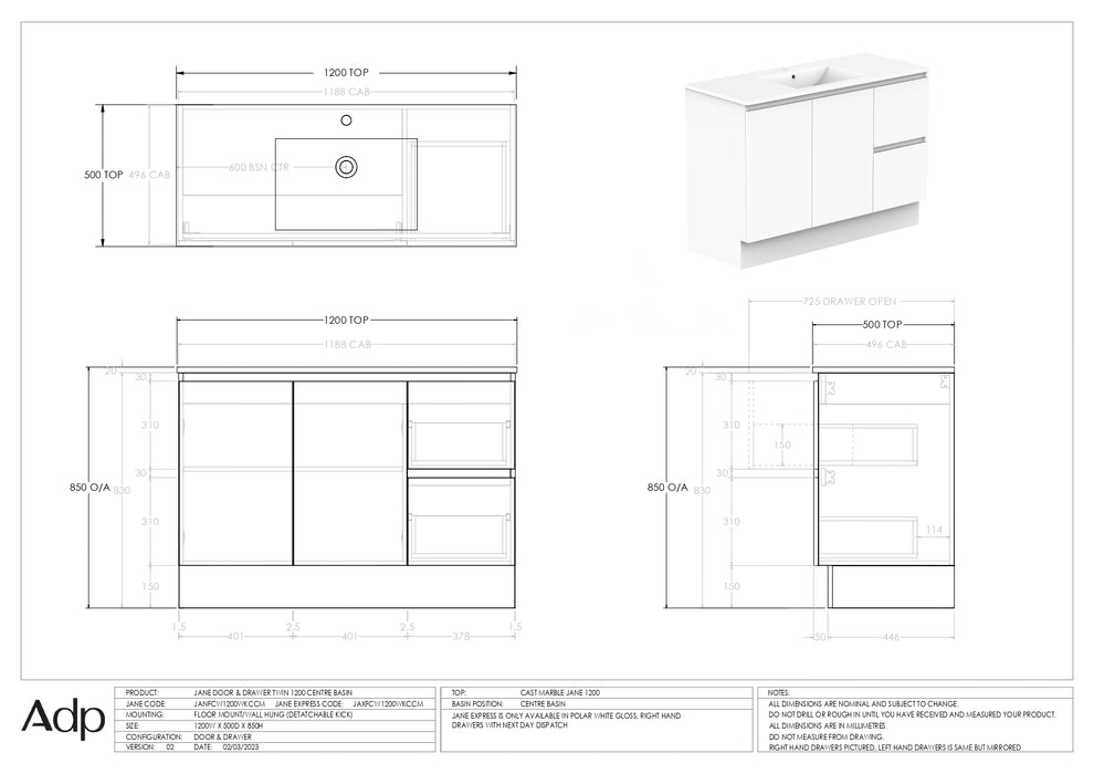 ADP Jane Express 1200 Wall Hung / Floor Mount - Centre