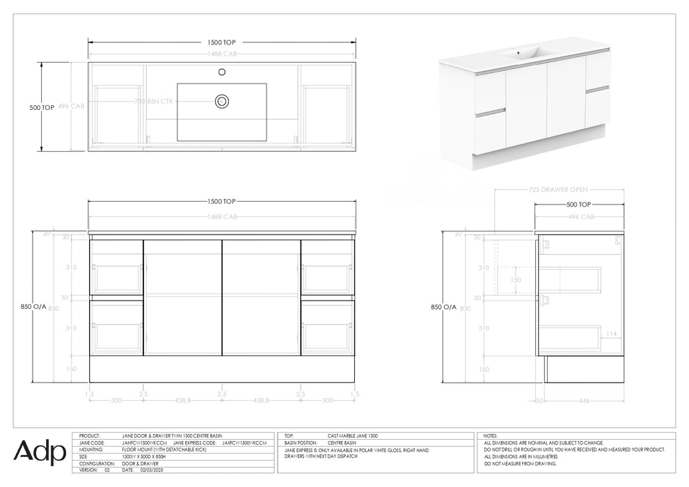 ADP Jane 1500 Wall Hung / Floor Mount - Centre