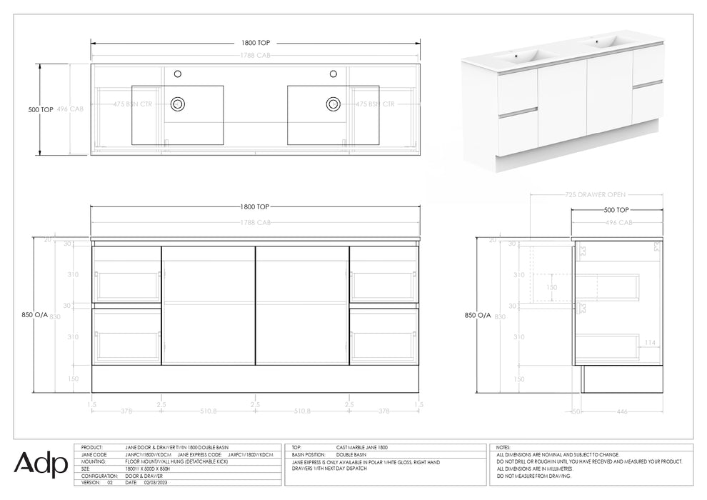 ADP Jane 1800 Wall Hung / Floor Mount - Double