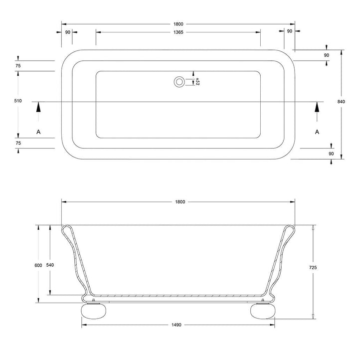 Turner Hastings Kirkham 180 x 84 TitanCast Solid Surface Bath With Ball Feet - Satin Silk White