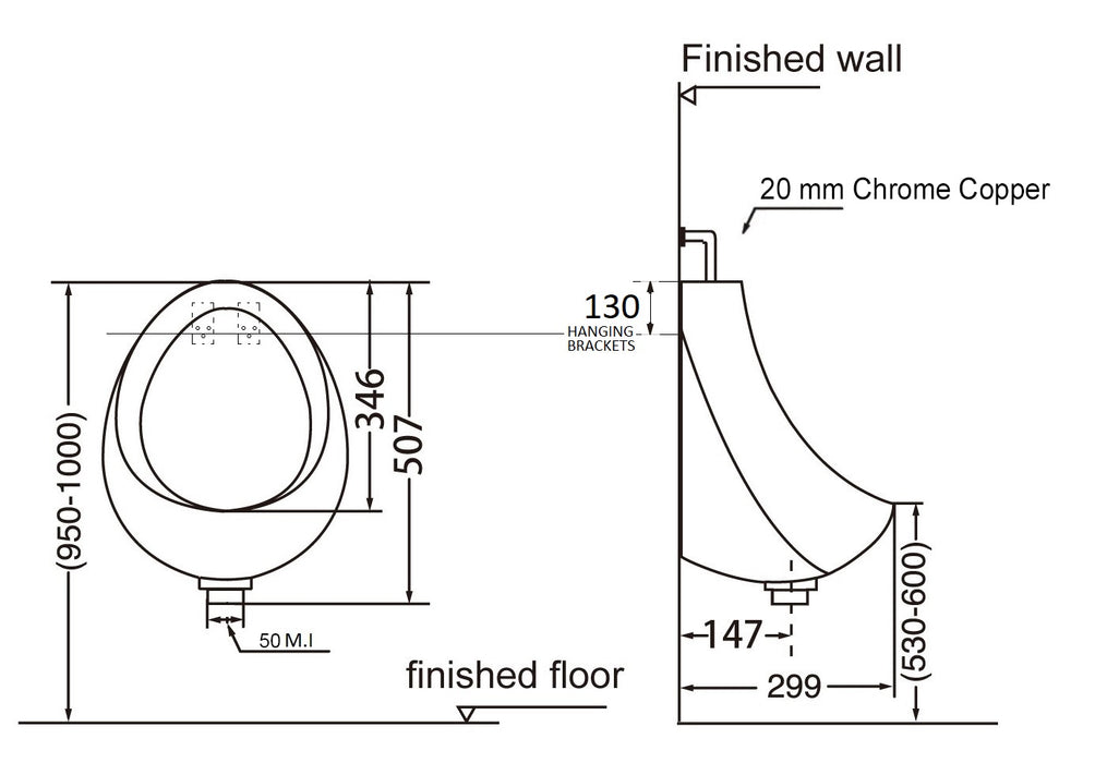 Turner Hastings Leon Ceramic Urinal - Top Inlet Bottom Outlet