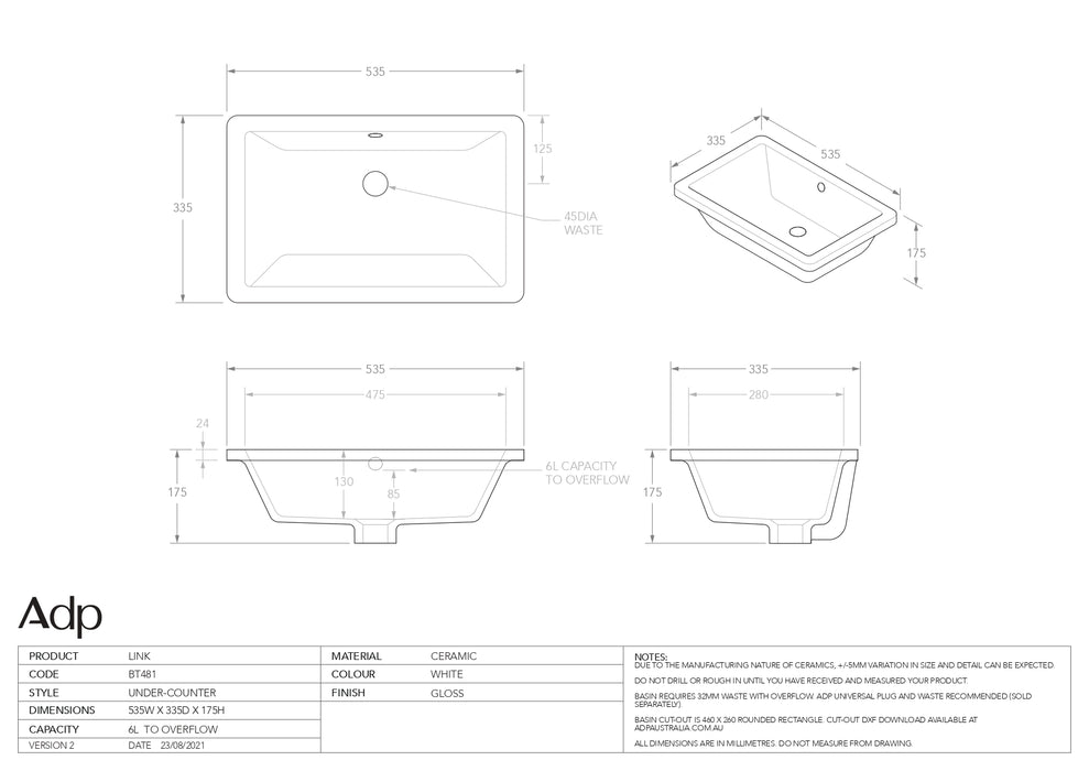 ADP Link Gloss White Basin 540x355mm