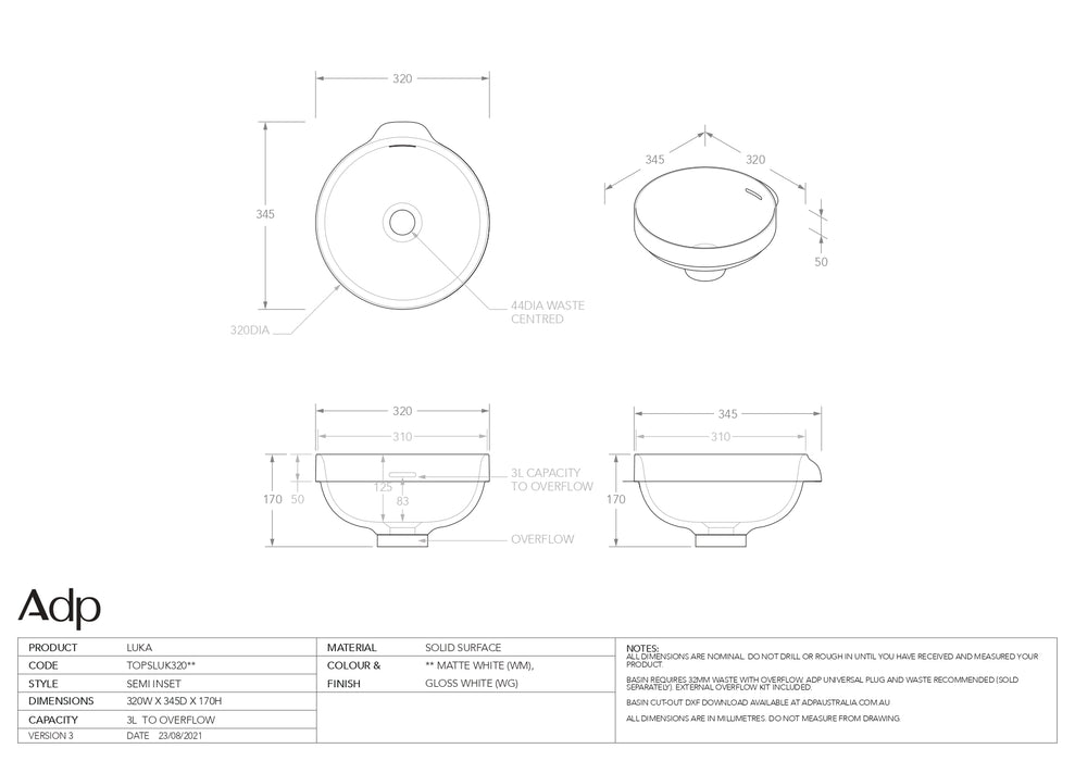 ADP Luka Gloss White Solid Surface Basin 320mm