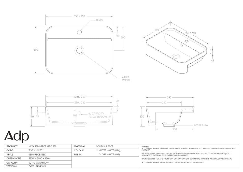 ADP Miya Solid Matte White Basin 750x390mm