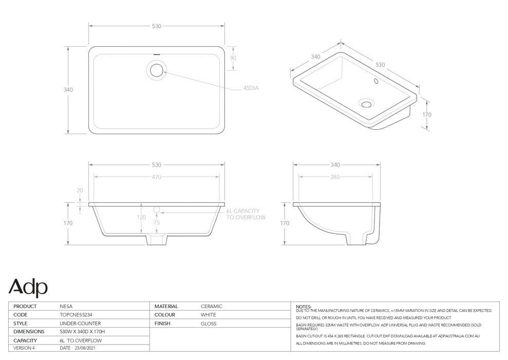 ADP Nessa Gloss White Basin 530x340mm