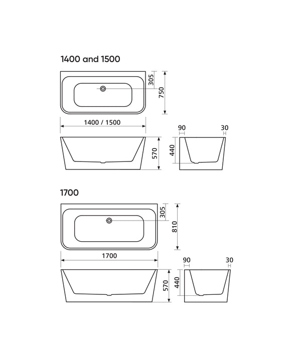 Seima Plati 135 Back-to-wall freestanding bath – with integrated slot overflow