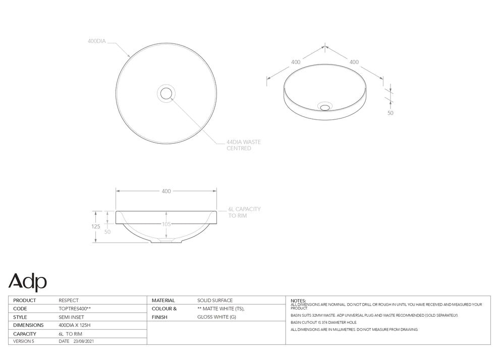 ADP Respect Gloss White Solid Surface Basin 400mm