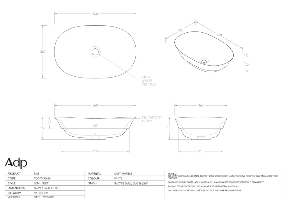 ADP Rise Gloss White Solid Surface Basin 560x361mm