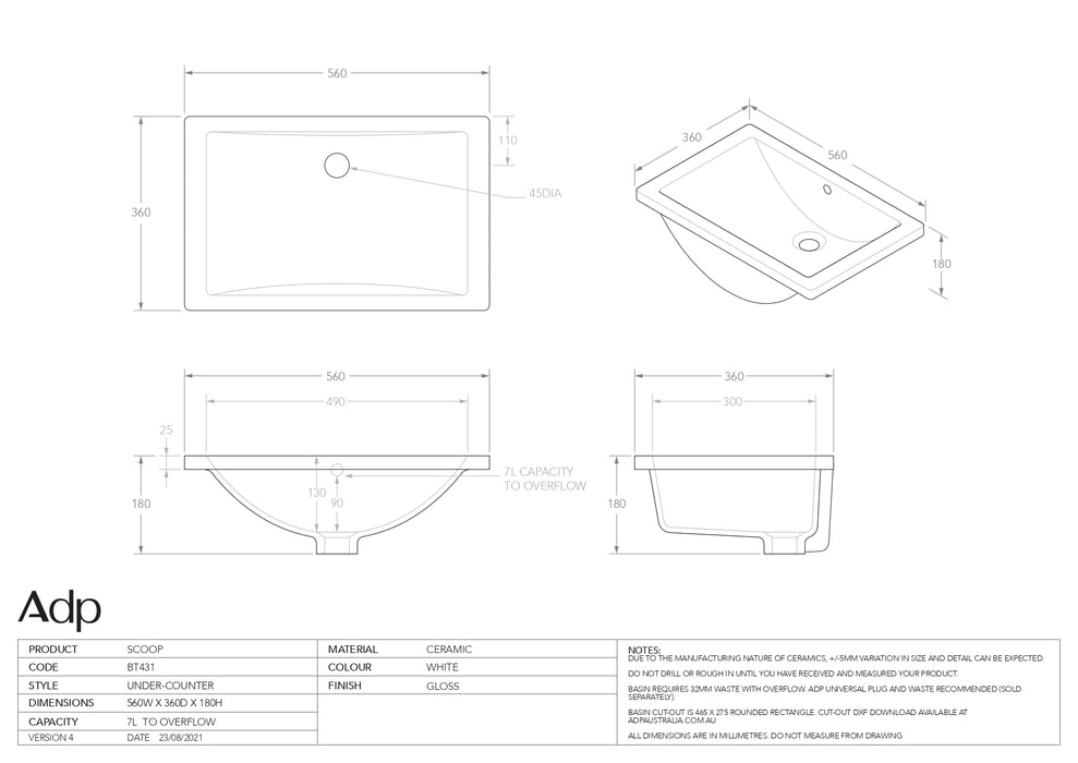 ADP Scoop Gloss White Basin 560x365mm