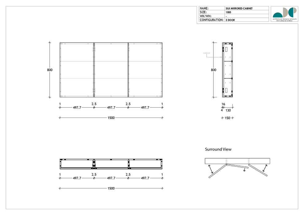 ADP Silk 3 Door Mirrored Cabinet 1500mm