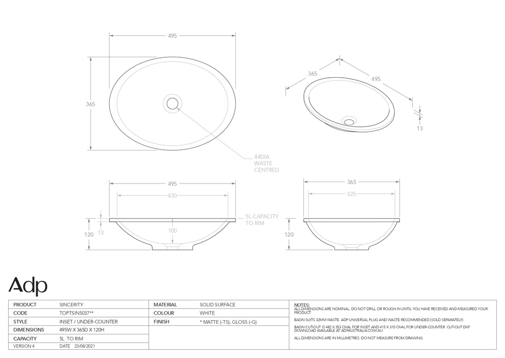 ADP Sincerity Solid Surface Gloss White Basin 495x365mm