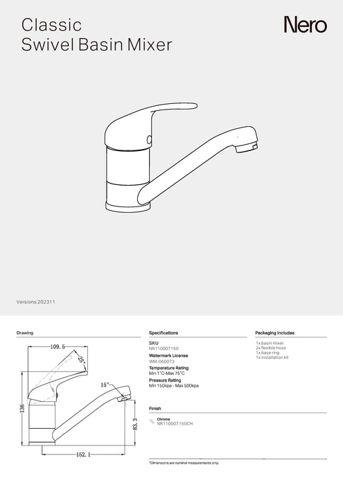 Nero Classic Swivel Basin Mixer