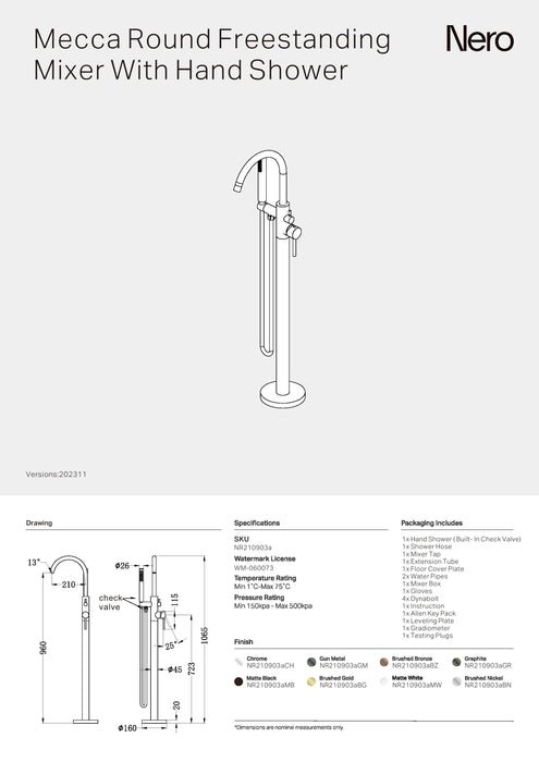 Nero Mecca Round Freestanding mixer With Hand Shower