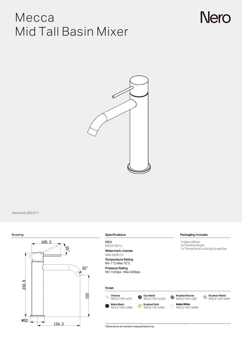 Nero Mecca Mid Tall Basin Mixer