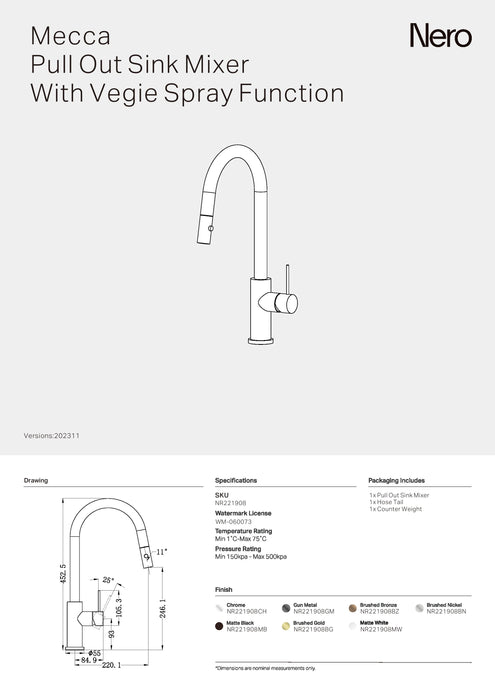 Nero Mecca Pull Out Sink Mixer With Vegie Spray Function