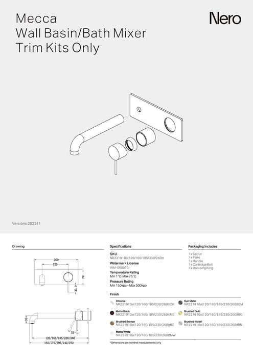 Nero Mecca Wall Basin/Bath Mixer 260mm Trim Kits Only