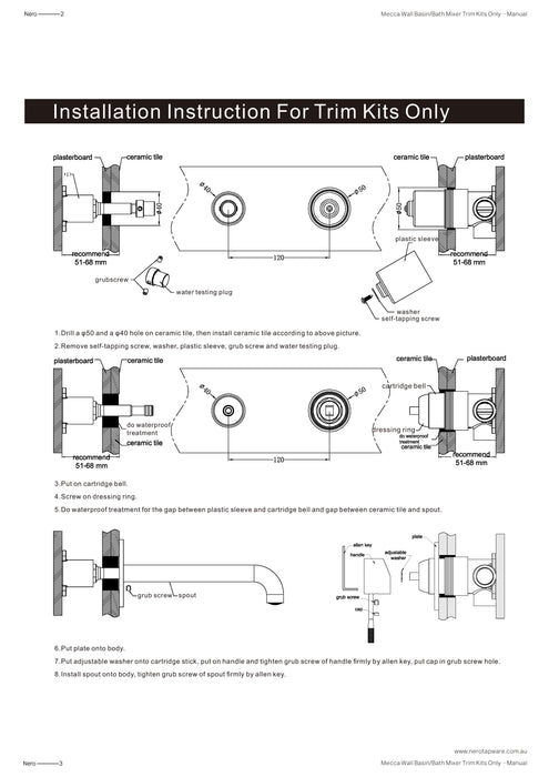 Nero Mecca Wall Basin/Bath Mixer 120mm Trim Kits Only