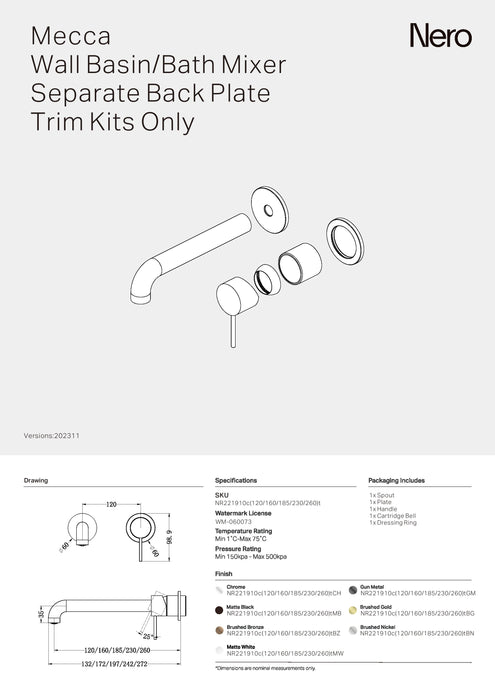 Nero Mecca Wall Basin/Bath Mixer Separate Back Plate 230mm Trim Kits Only