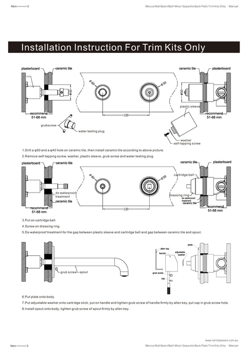 Nero Mecca Wall Basin/Bath Mixer Separate Back Plate 185mm Trim Kits Only