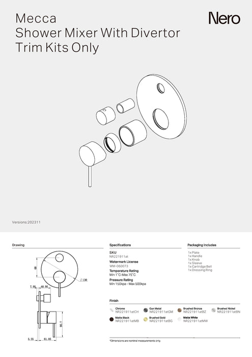Nero Mecca Shower Mixer With Divertor Trim Kits Only