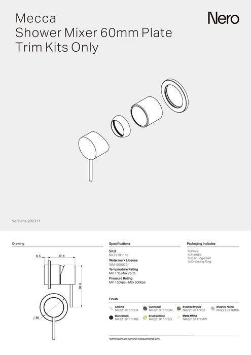 Nero Mecca Shower Mixer 60mm Plate Trim Kits Only