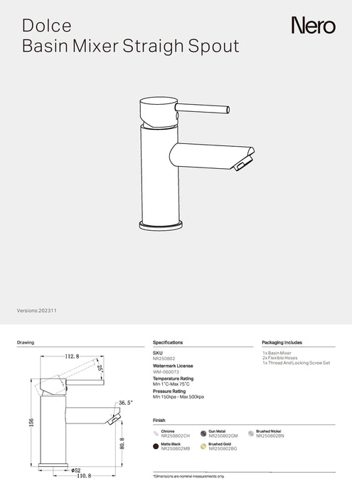 Nero Dolce Basin Mixer Straight Spout