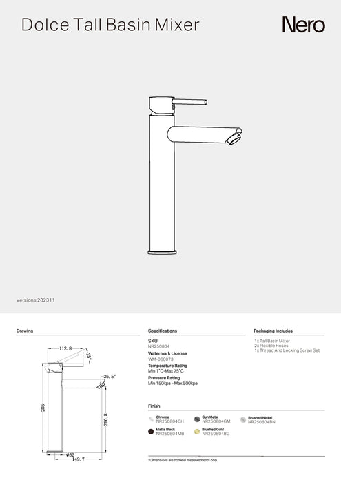 Nero Dolce Tall Basin Mixer