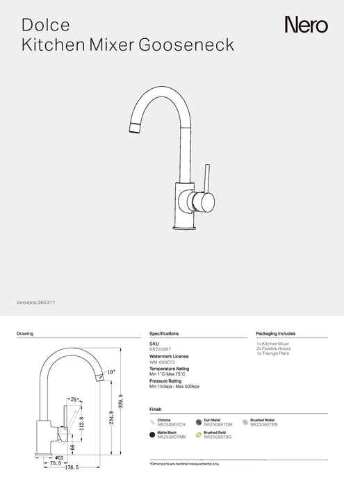 Nero Dolce Kitchen Mixer Gooseneck