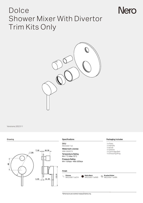 Nero Dolce Shower Mixer With Divertor Trim Kits Only