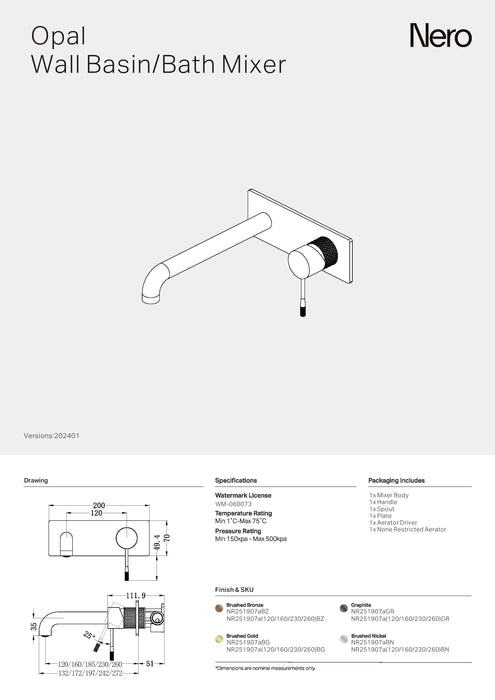 Nero Opal Wall Basin/Bath Mixer 160mm