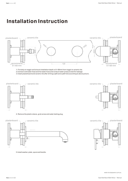 Nero Opal Wall Basin/Bath Mixer 160mm