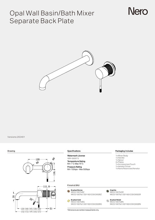 Nero Opal Wall Basin/Bath Mixer Separate Back Plate 160mm