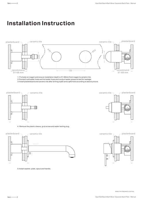 Nero Opal Wall Basin/Bath Mixer Separate Back Plate 160mm