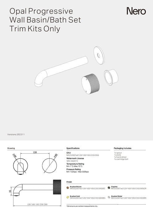 Nero Opal Progressive Wall Basin/Bath Set Trim Kits Only 185mm Spout