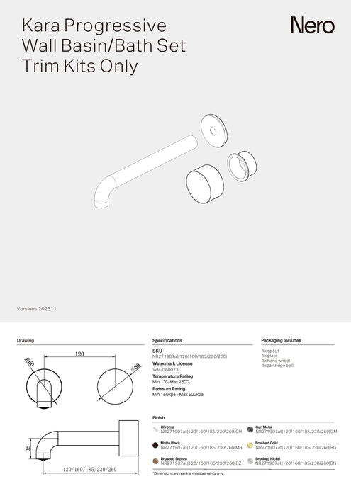 Nero Kara Progressive Wall Basin/Bath Set Trim Kits Only 260mm Spout