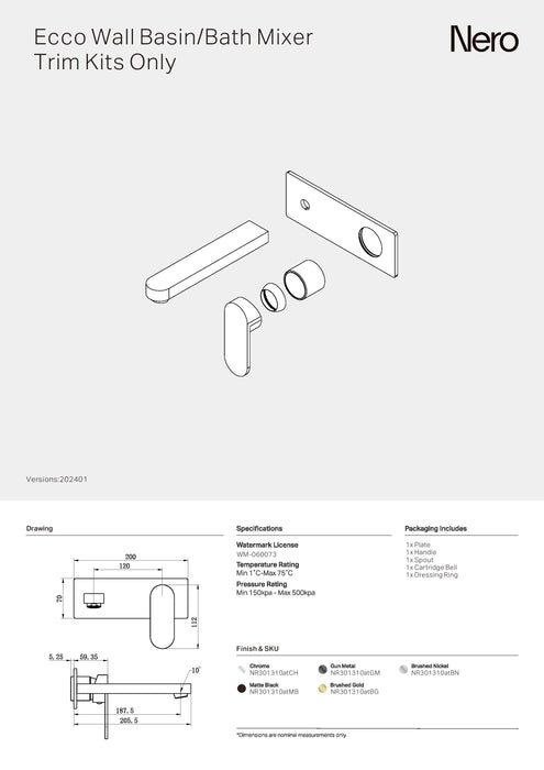 Nero Ecco Wall Basin/Bath Mixer Trim Kits Only