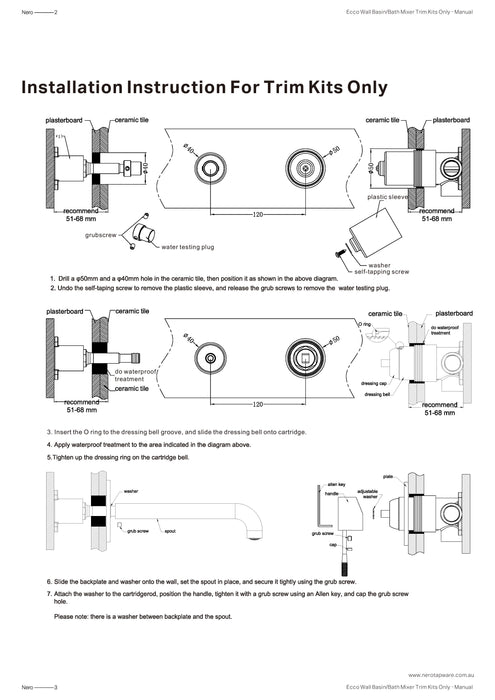 Nero Ecco Wall Basin/Bath Mixer Trim Kits Only