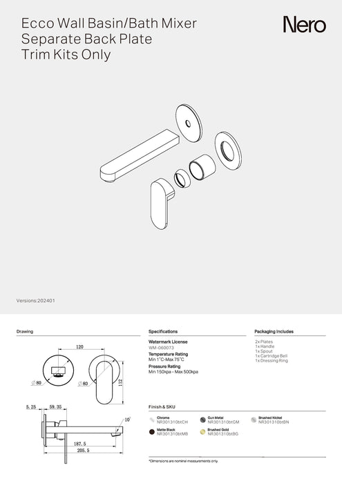 Nero Ecco Wall Basin/Bath Mixer Separate Back Plate Trim Kits Only