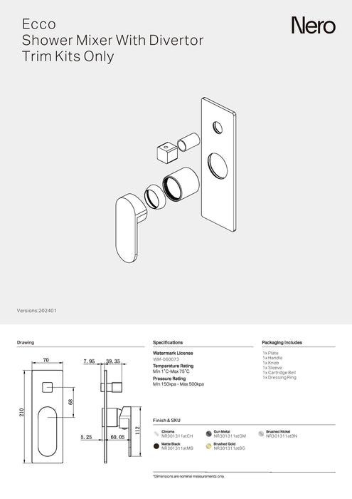 Nero Ecco Shower Mixer With Divertor Trim Kits Only