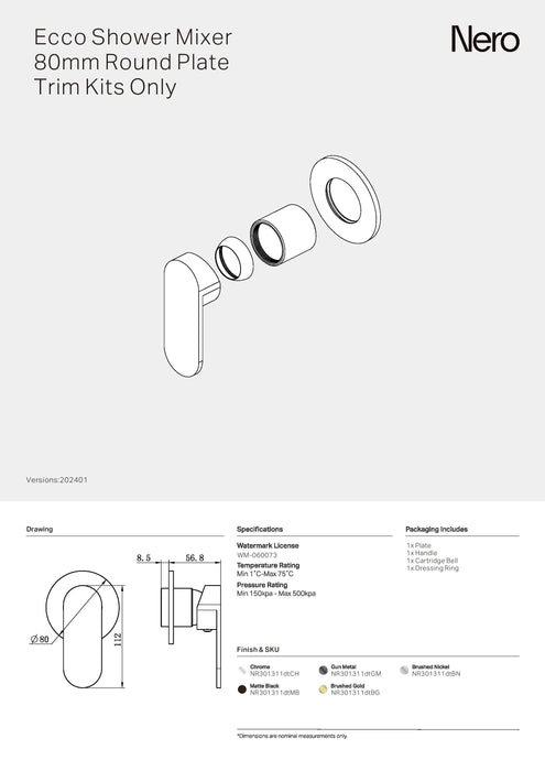 Nero Ecco Shower Mixer 80mm Round Plate Trim Kits Only