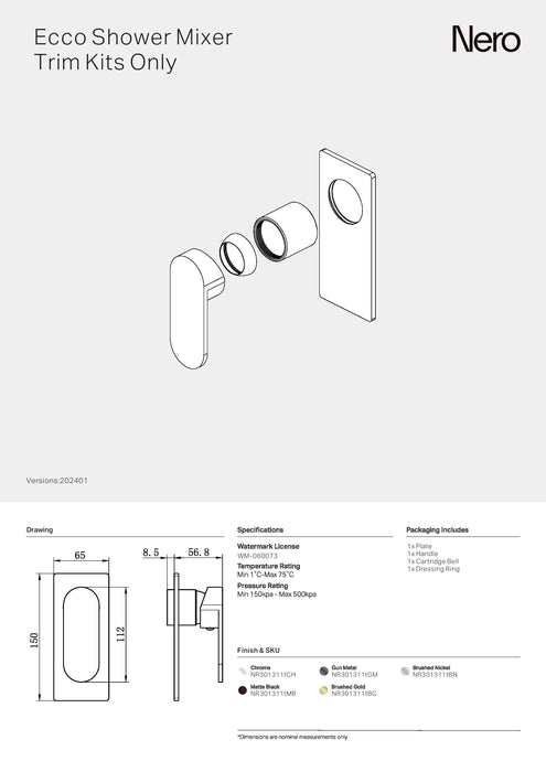 Nero Ecco Shower Mixer Trim Kits Only