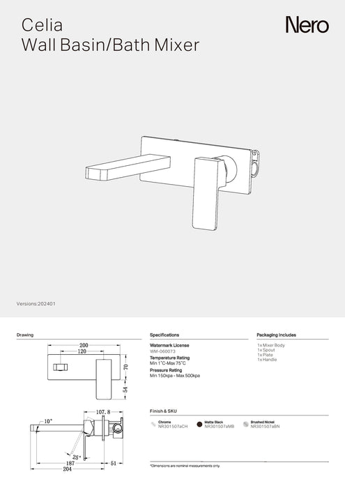 Nero Celia Wall Basin/Bath Mixer