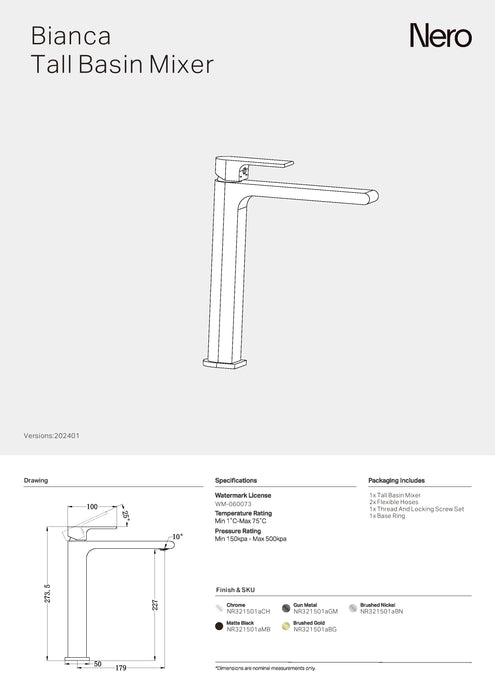 Nero Bianca Tall Basin Mixer