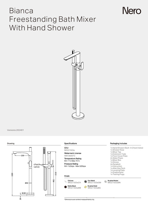 Nero Bianca Freestanding Bath Mixer With Hand Shower