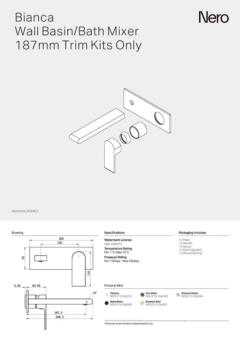 Nero Bianca Wall Basin/Bath Mixer 187mm Trim Kits Only