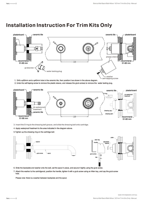 Nero Bianca Wall Basin/Bath Mixer 187mm Trim Kits Only