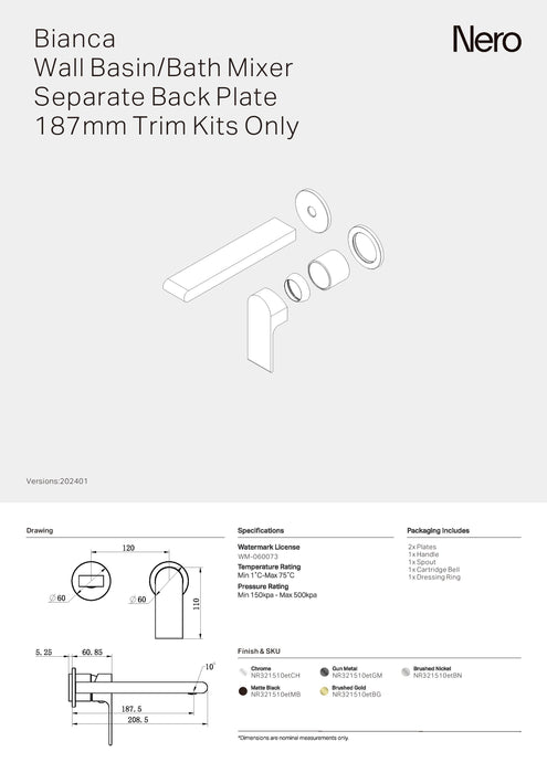 Nero Bianca Wall Basin/Bath Mixer Separate Back Plate 187mm Trim Kits Only